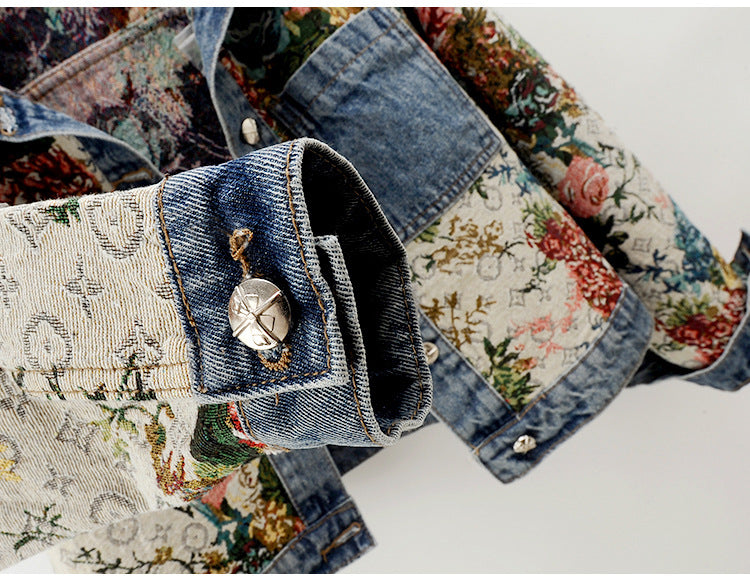 2024 Spring New All-match Printed Stitching Long Sleeve Lapel Denim Coat Women's Short Small Top Jacket