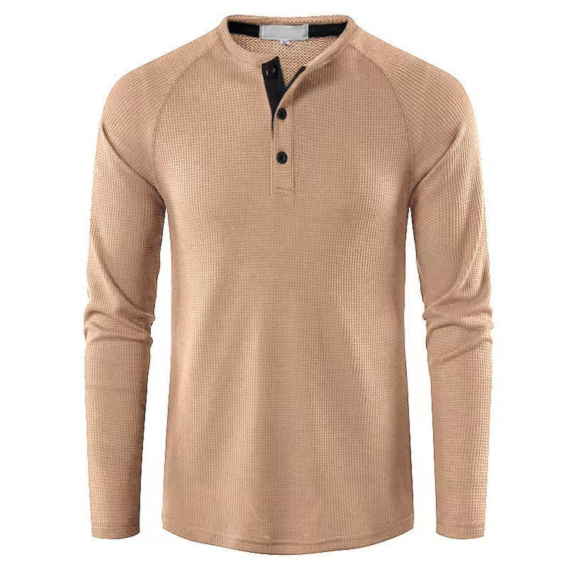 2023 Autumn and Winter Cross-border Amazon Men's T-shirt European and American Foreign Trade Men's Solid Color Long Sleeve Waffles Henry Shirt