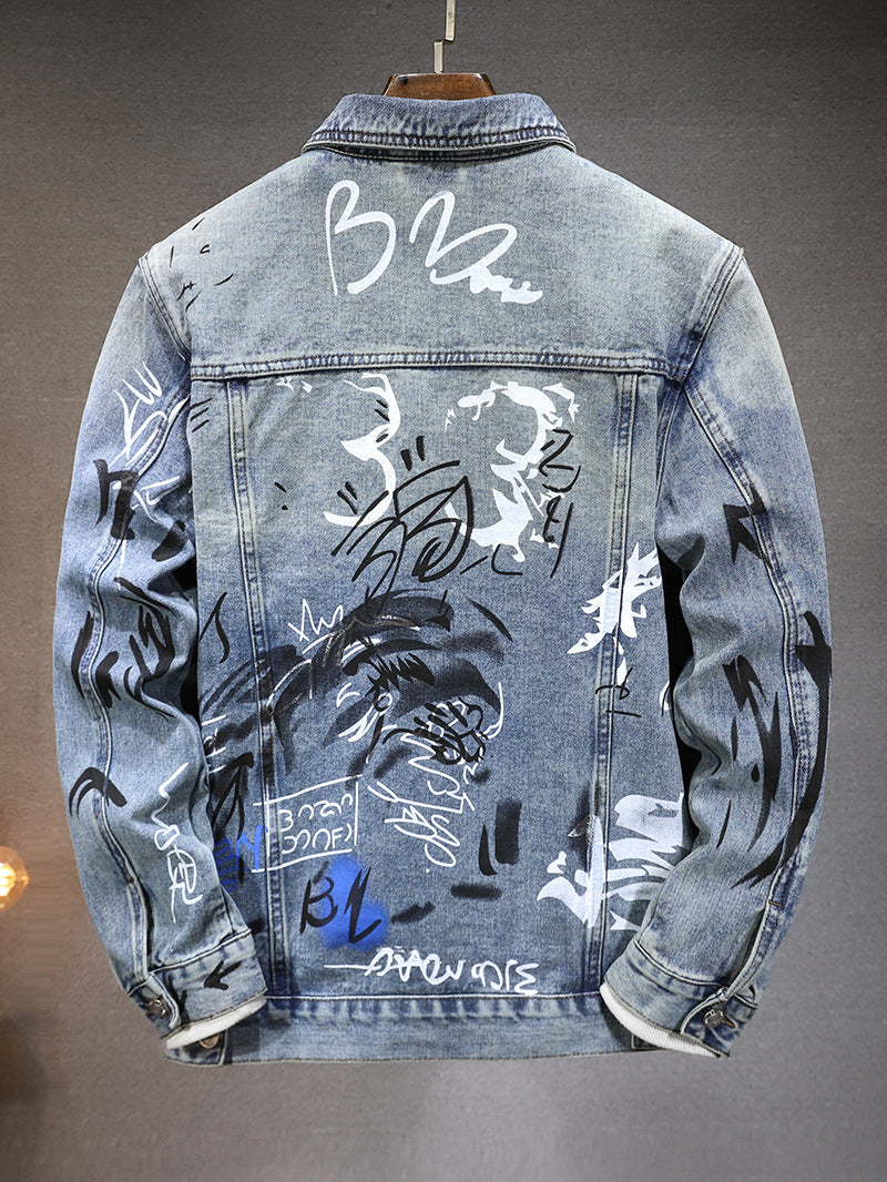 Cross-border new all-matching men's jacket spring and autumn high-end European and American fashion brand graffiti printing fit Denim coat for men