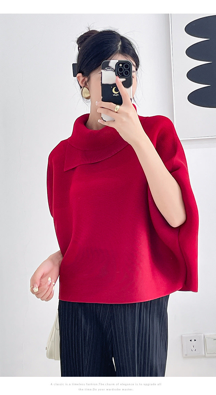 2026 Pleated Lapel Batwing Sleeve Top for Women, Spring and Autumn Style, Loose Fit, Plus Size, Long Sleeve, Pleated Solid Color Base Shirt T-Shirt