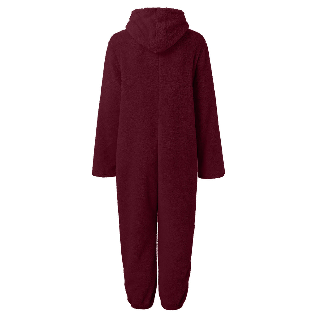 2022 Cross-border Europe and America Amazon Solid Color Thickened Double-sided Fleece Hooded Jumpsuit Casual Couple Home Wear