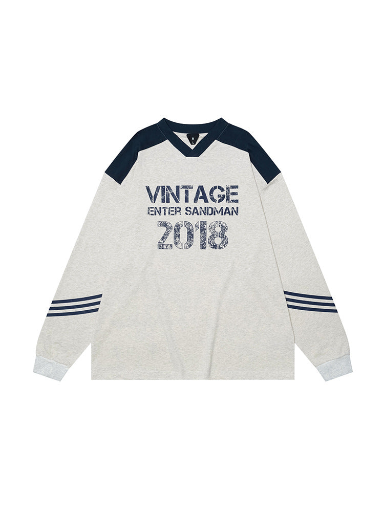 # Ovdy Autumn and Winter American Jersey Retro Letter Print New Small V-Neck Long-Sleeved T-Shirt Trendy Brand for Men and Women