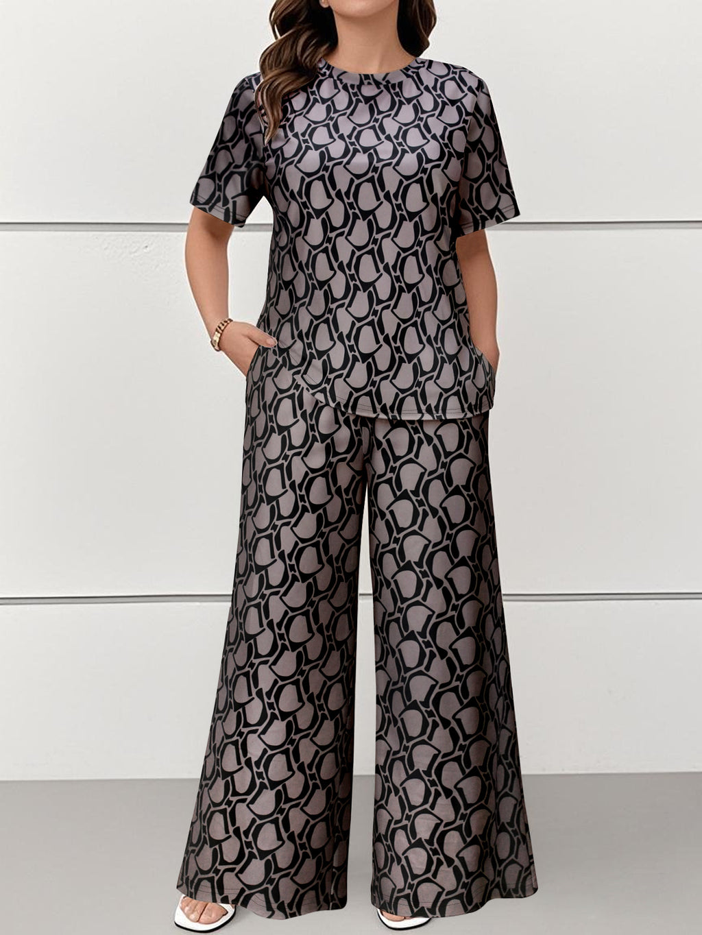 Cross-Border Amazon European and American Women's Fashion Elegant Printed Short-Sleeved Straight-Leg Pants Plus-Size Casual Suit Summer