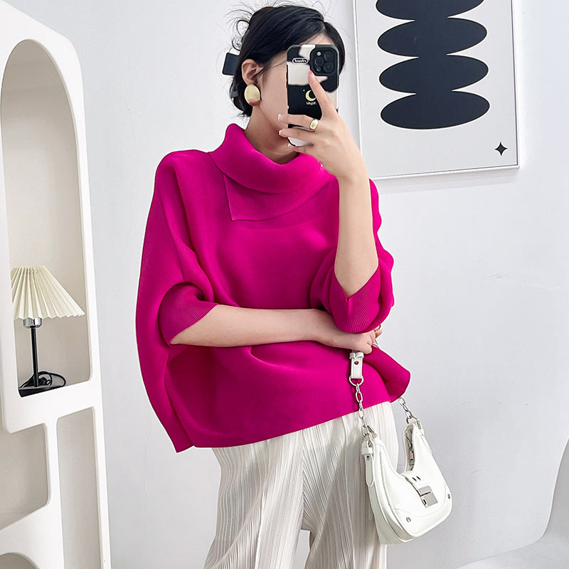 2026 Pleated Lapel Batwing Sleeve Top for Women, Spring and Autumn Style, Loose Fit, Plus Size, Long Sleeve, Pleated Solid Color Base Shirt T-Shirt