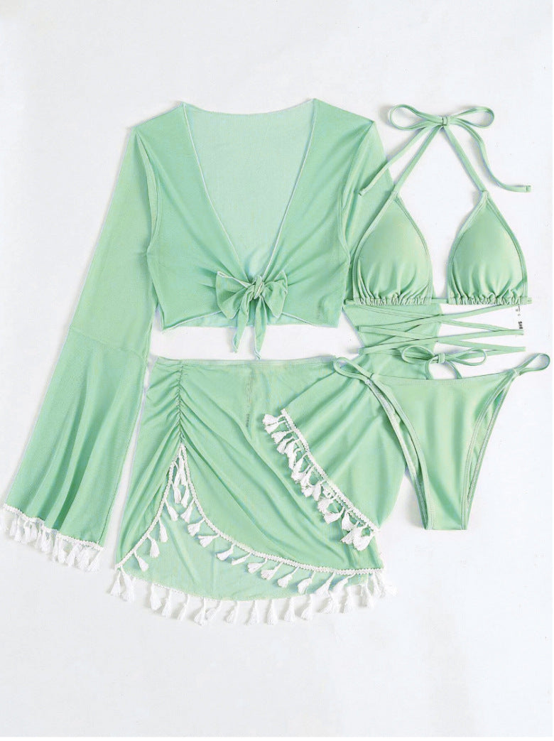2026 Tassel Mesh Cover-Up Short Skirt Four-Piece Bikini New Thai Ins Style Cross-Border Solid Color Swimsuit for Women