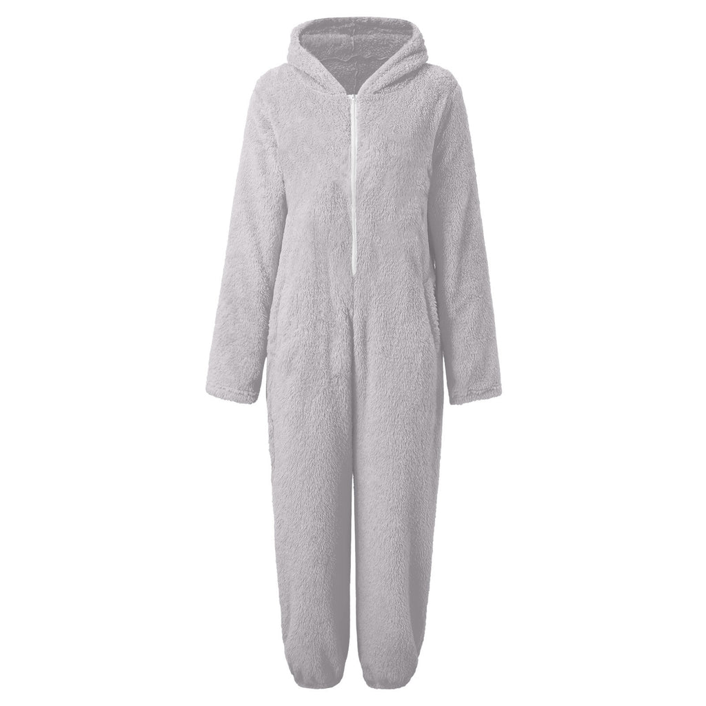 2022 Cross-border Europe and America Amazon Solid Color Thickened Double-sided Fleece Hooded Jumpsuit Casual Couple Home Wear