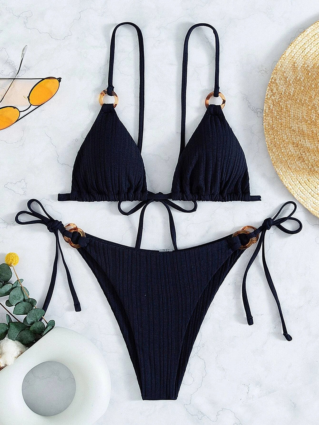 2024 New Ins Swimsuit for Women Split Bikini Two-Piece Set Fairy Style Sexy Pure Color Lace-Up Swimsuit for Women