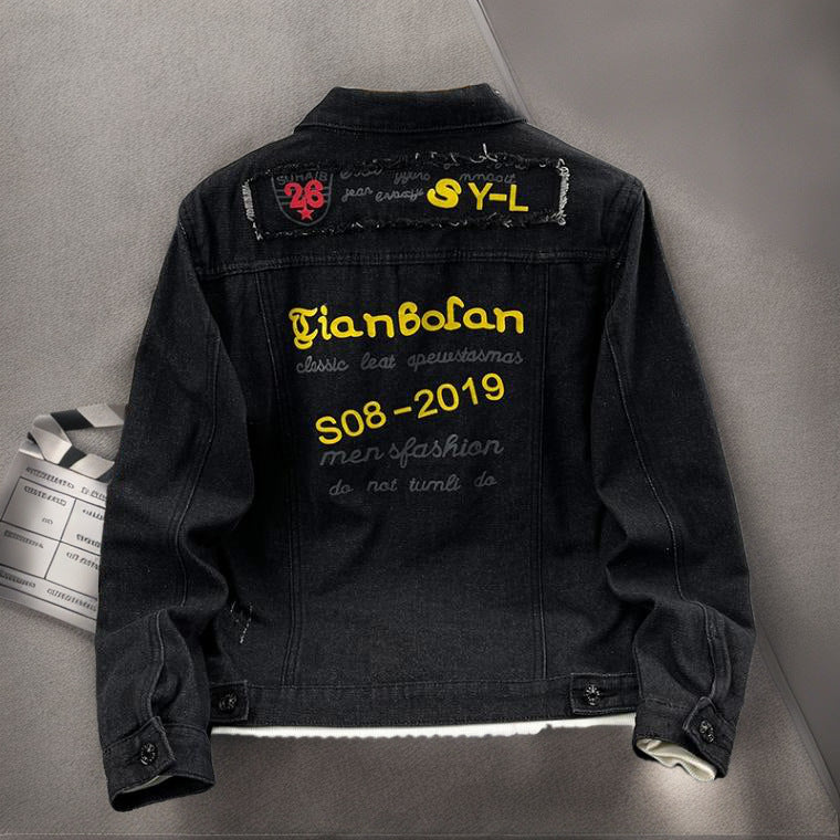 2025 Black Denim Jacket Men's Spring and Autumn Korean Style Trendy Retro Jacket Trendy Brand Letter Print Jacket