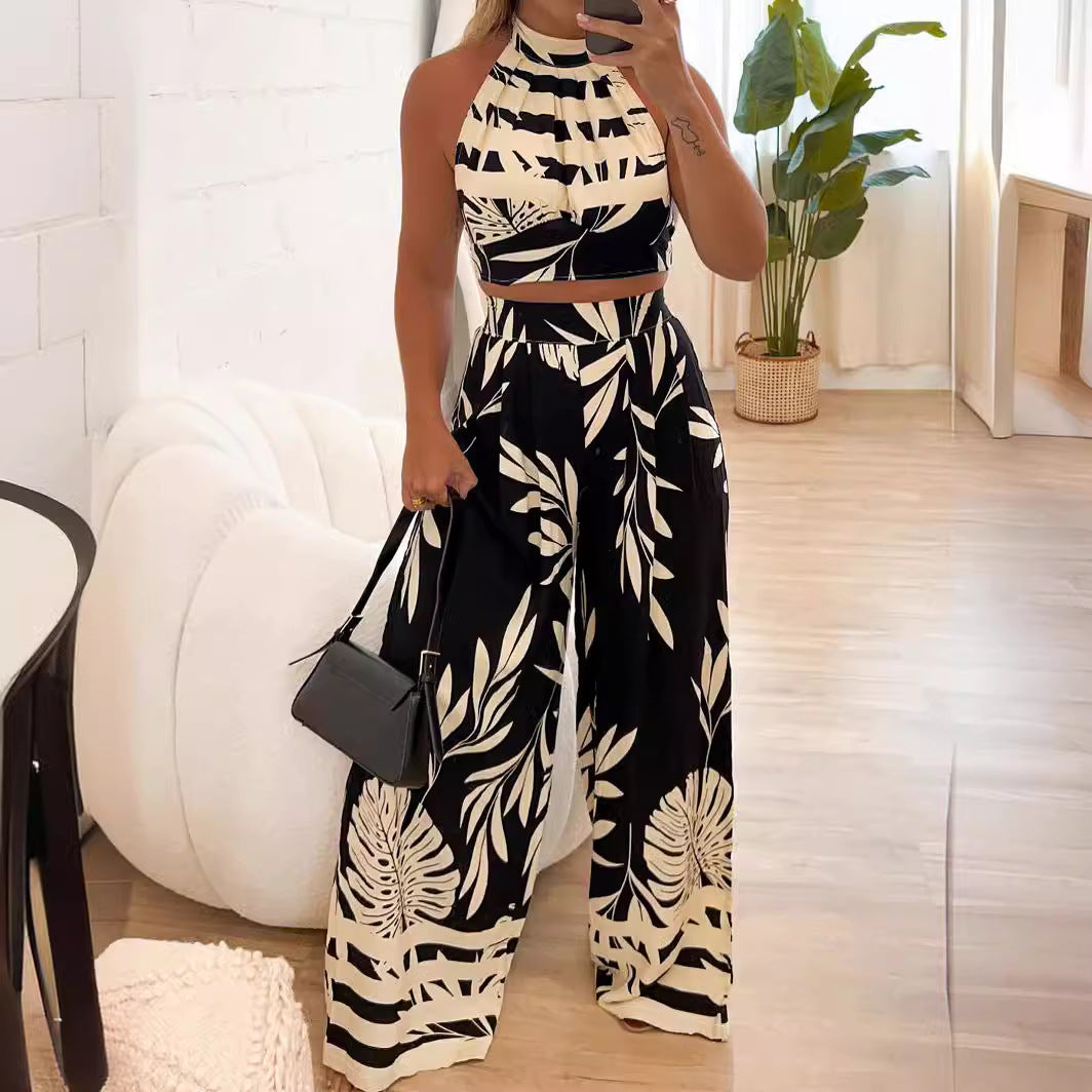 LN1146 in stock 2024 Spring and Summer New Cross-border Women's Fashion Elegant Printed Neck Backless Straight Pants Two-piece Set
