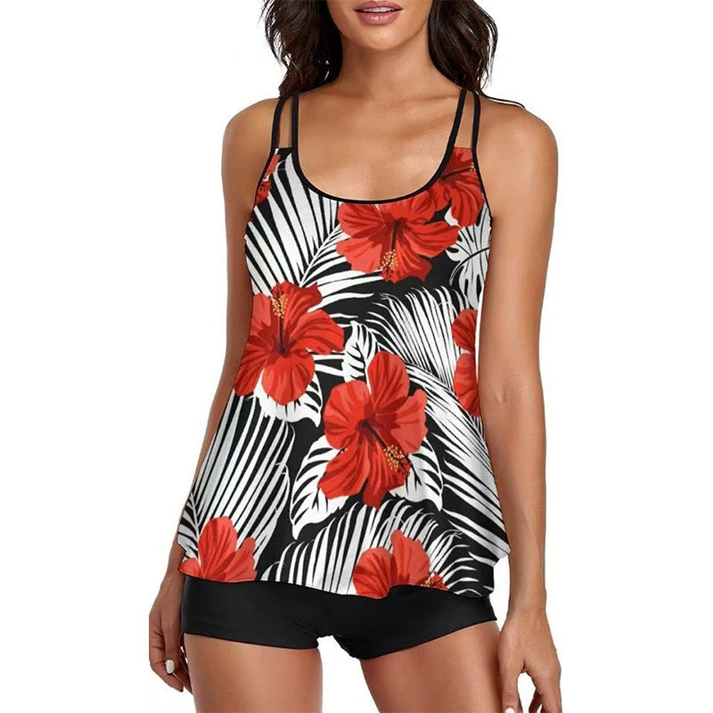 European and American Hot Sale plus size Split Swimsuit Women's Cross-border Camisole Flat-angle Swimsuit Tankini Loose Printed Swimsuit