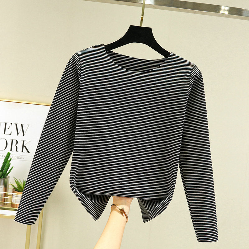 Crewneck Striped Base Shirt Women's Inner Wear Fall/Winter German Velvet 2022 New College Style Long Sleeve T-Shirt Warm Top