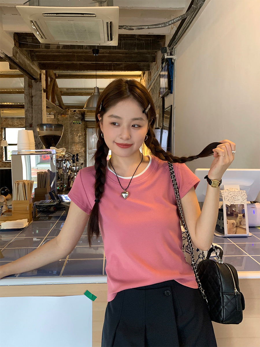 Huangyi Korean Double-Layer Collar Fake Two-Piece Short-Sleeved T-Shirt for Women 2025 Summer Short Slim Right Shoulder Top 142Th419