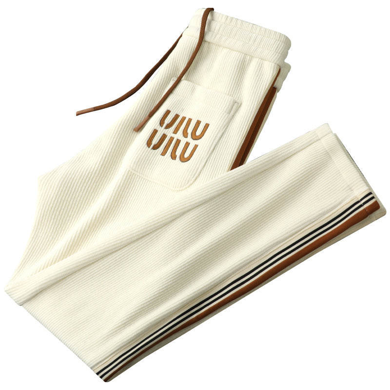 Light Luxury creamy-white fleece-lined Thickened Corduroy Casual Pants Men's Slim-fit Small Straight Pants Autumn and Winter Men's Sports Pants