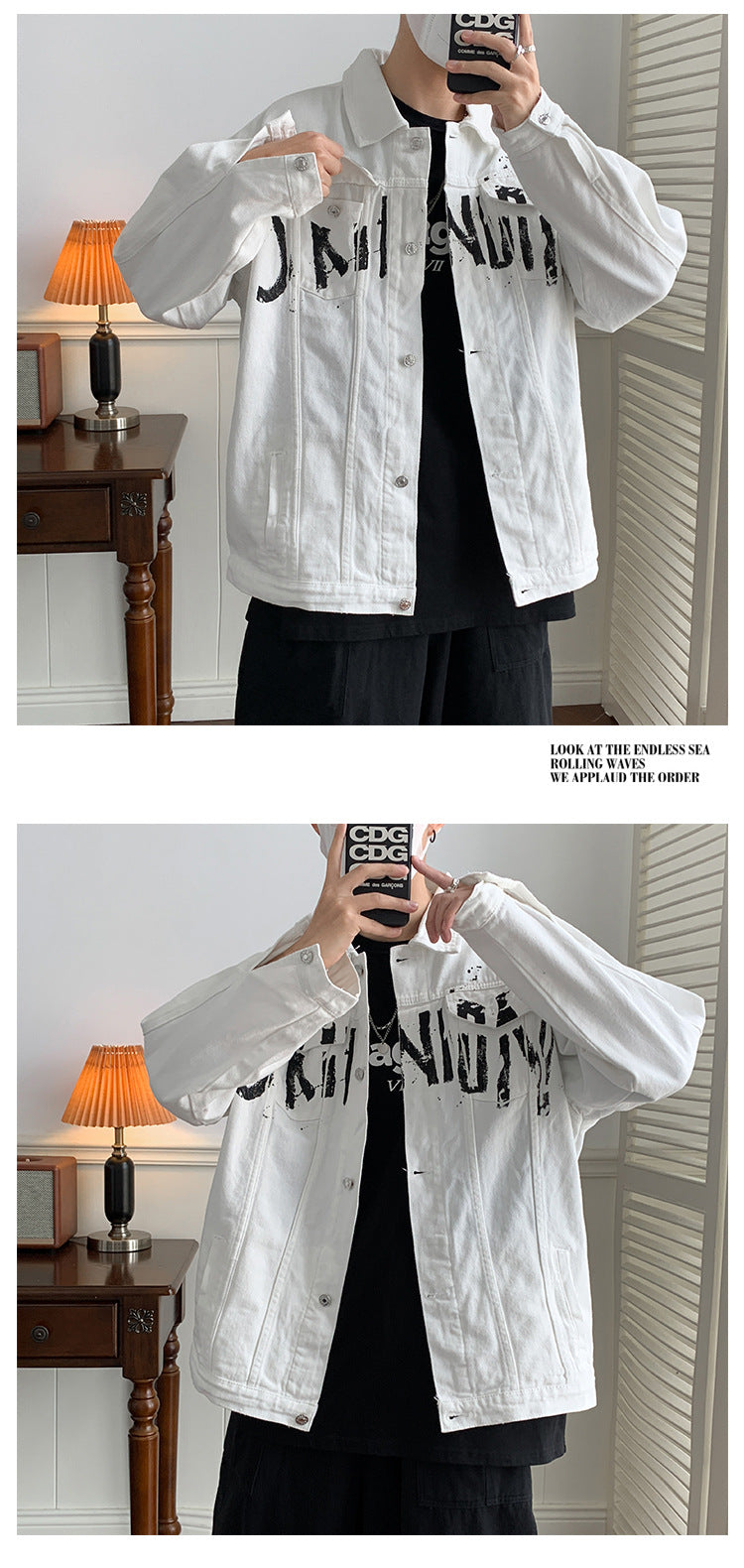 Autumn American graffiti letter printing handsome high street Denim jacket men and women couple all-match youth loose jacket