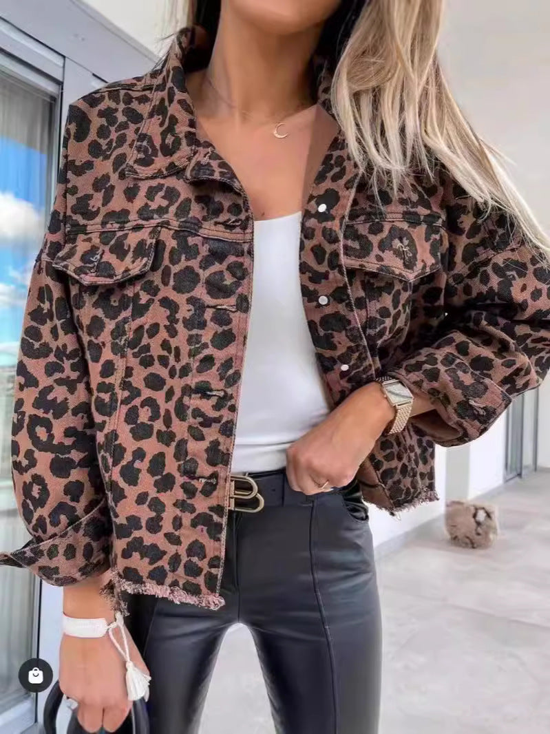 2024 Amazon Europe and the United States cross-border explosions tide washed old leopard print fur Denim coat women's jacket