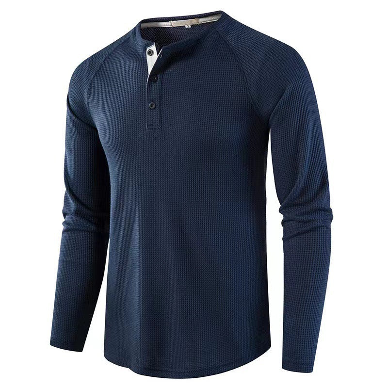 2023 Autumn and Winter Cross-border Amazon Men's T-shirt European and American Foreign Trade Men's Solid Color Long Sleeve Waffles Henry Shirt