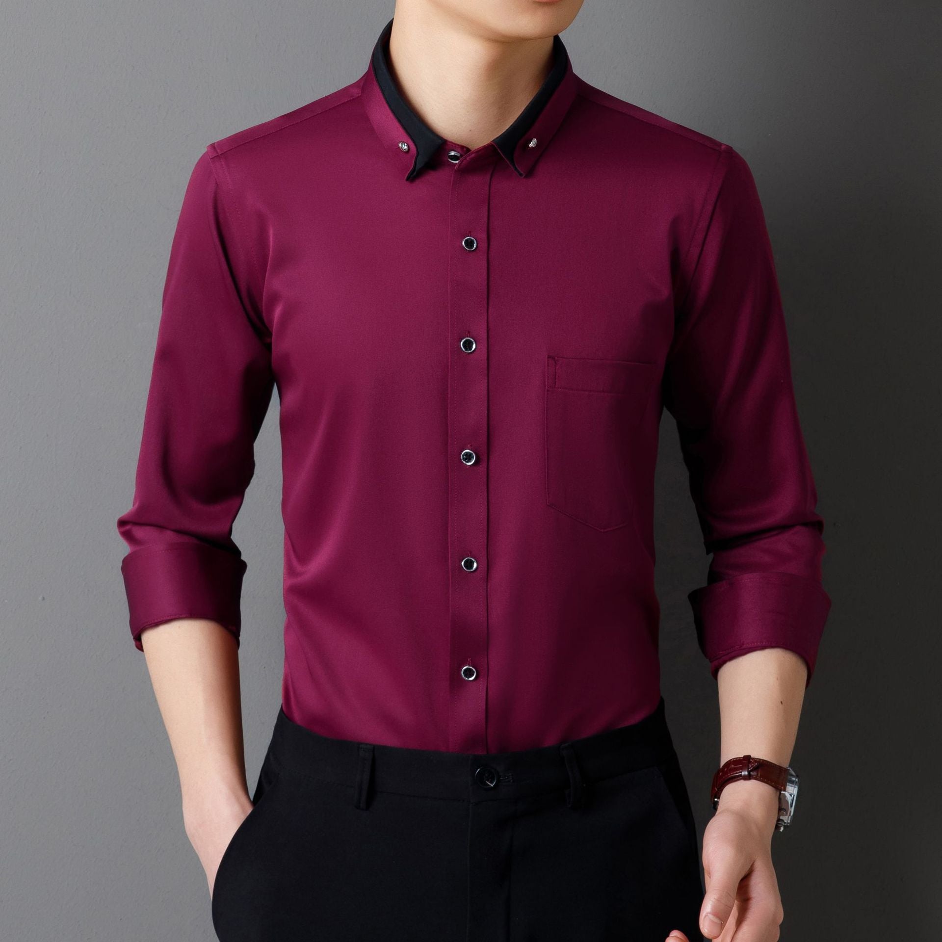 Business Shirts, Long-Sleeved Men's Shirts, No-Iron, Four-Way Stretch, Diamond Button Shirts, Men's Long-Sleeved Shirts