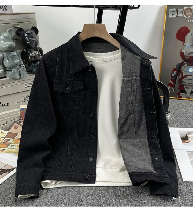 2025 Black Denim Jacket Men's Spring and Autumn Korean Style Trendy Retro Jacket Trendy Brand Letter Print Jacket