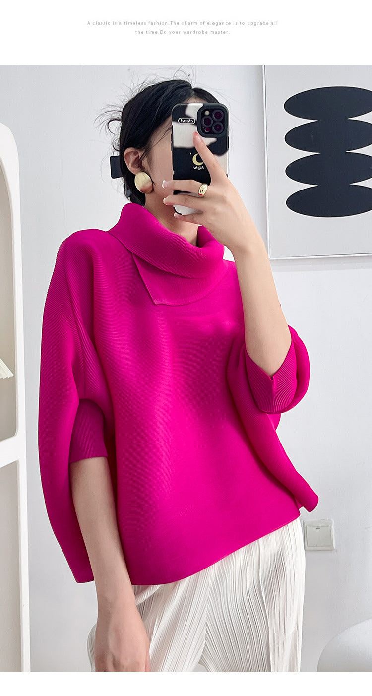 2026 Pleated Lapel Batwing Sleeve Top for Women, Spring and Autumn Style, Loose Fit, Plus Size, Long Sleeve, Pleated Solid Color Base Shirt T-Shirt