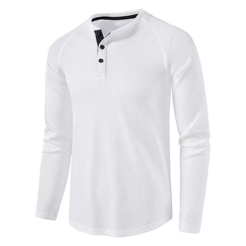 2023 Autumn and Winter Cross-border Amazon Men's T-shirt European and American Foreign Trade Men's Solid Color Long Sleeve Waffles Henry Shirt