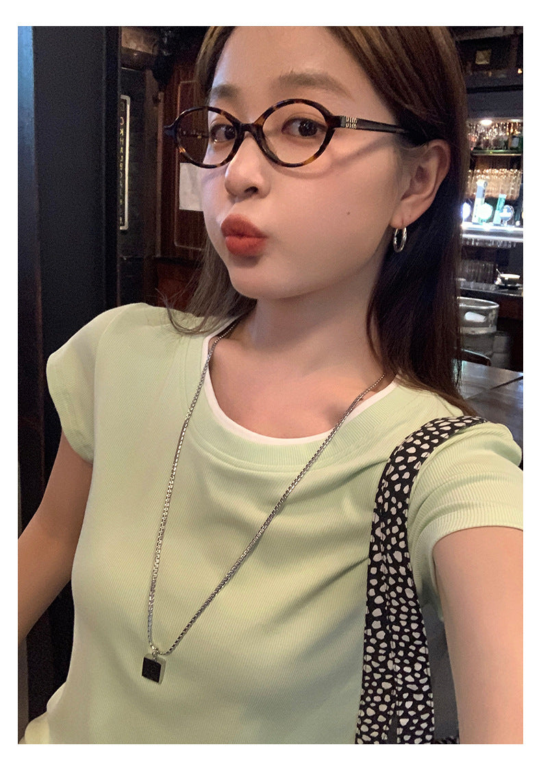 Huangyi Korean Double-Layer Collar Fake Two-Piece Short-Sleeved T-Shirt for Women 2025 Summer Short Slim Right Shoulder Top 142Th419