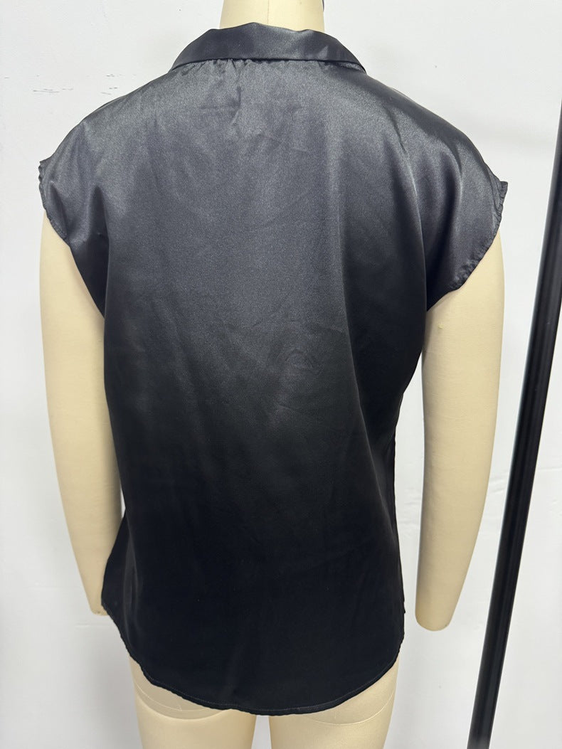 Half Open Collar Bow Satin Top Niche Design Satin Women's Clothing Amazon Cross-border European and American New T-shirt