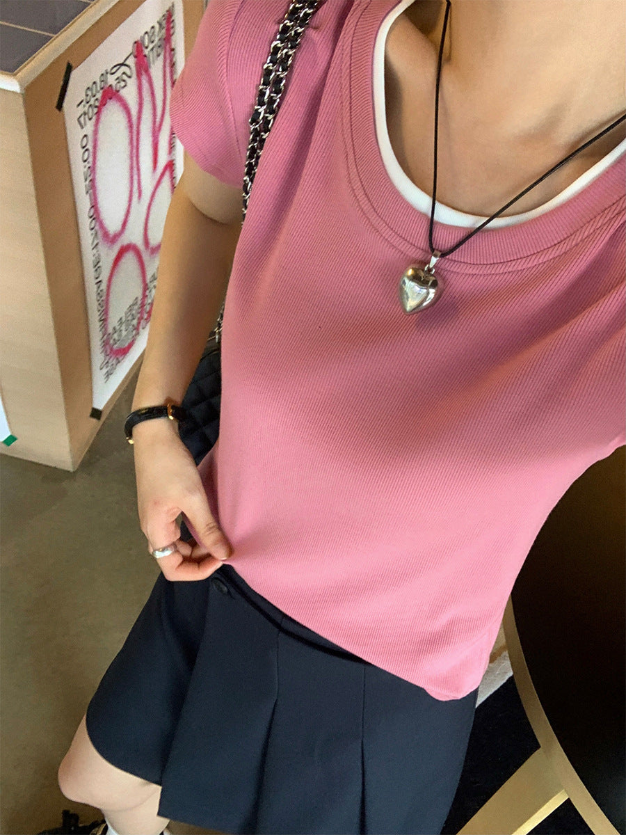 Huangyi Korean Double-Layer Collar Fake Two-Piece Short-Sleeved T-Shirt for Women 2025 Summer Short Slim Right Shoulder Top 142Th419