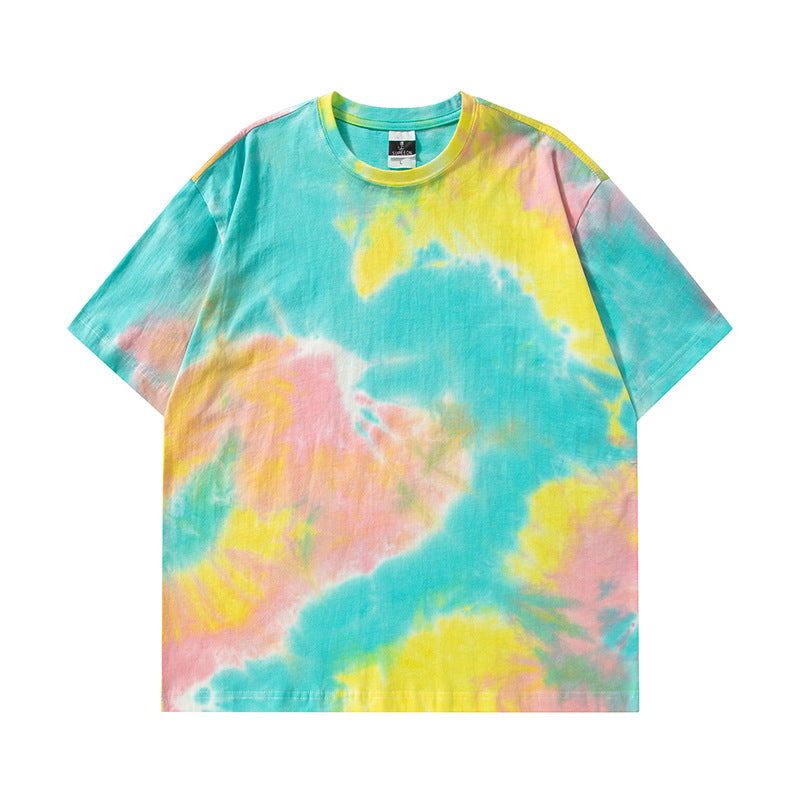 Cross-border Exclusive New Tie-dye T-shirt Men's Short-sleeved Summer Pure Cotton T-shirt Loose Ins Trendy Brand Colorful Top Clothes