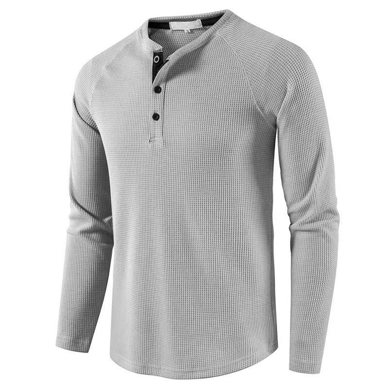 2023 Autumn and Winter Cross-border Amazon Men's T-shirt European and American Foreign Trade Men's Solid Color Long Sleeve Waffles Henry Shirt