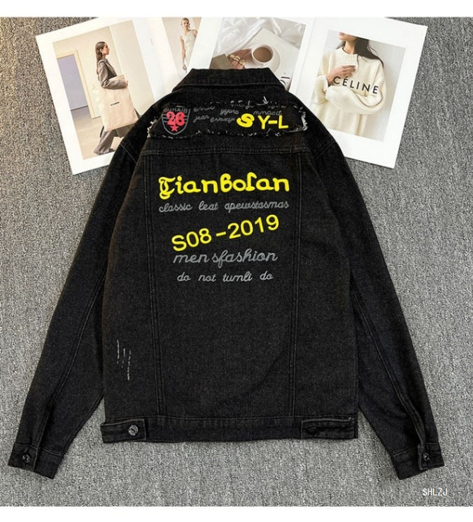 2025 Black Denim Jacket Men's Spring and Autumn Korean Style Trendy Retro Jacket Trendy Brand Letter Print Jacket