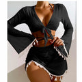 2026 Tassel Mesh Cover-Up Short Skirt Four-Piece Bikini New Thai Ins Style Cross-Border Solid Color Swimsuit for Women