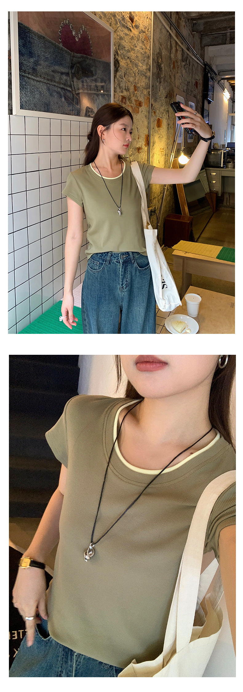 Huangyi Korean Double-Layer Collar Fake Two-Piece Short-Sleeved T-Shirt for Women 2025 Summer Short Slim Right Shoulder Top 142Th419
