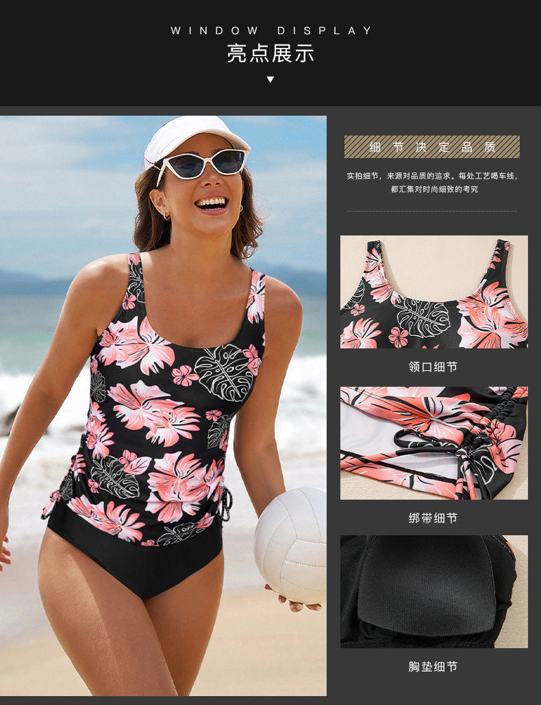 Trendy European and American Tankini Women's Solid Color Sleeveless Adjustable Strap Solid Color with Chest Pad Single Piece Women's Swimwear Top
