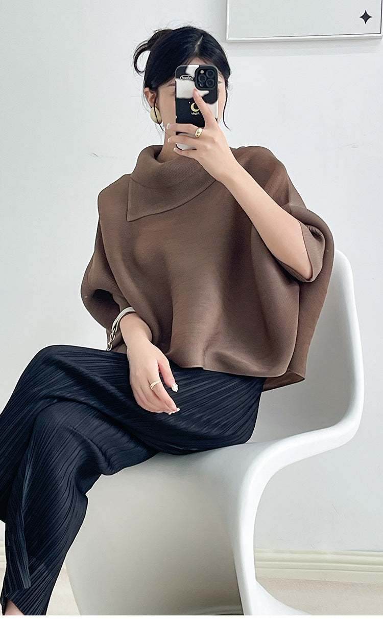 2026 Pleated Lapel Batwing Sleeve Top for Women, Spring and Autumn Style, Loose Fit, Plus Size, Long Sleeve, Pleated Solid Color Base Shirt T-Shirt