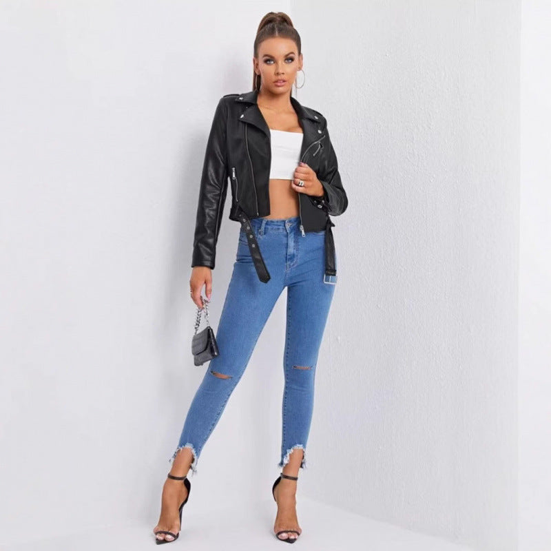 Cross-Border European and American Fashion Motorcycle-Style Pu Leather Jacket, New Autumn Model with Turn-Down Collar and Belt Decoration, Short Pu Leather Coat for Women