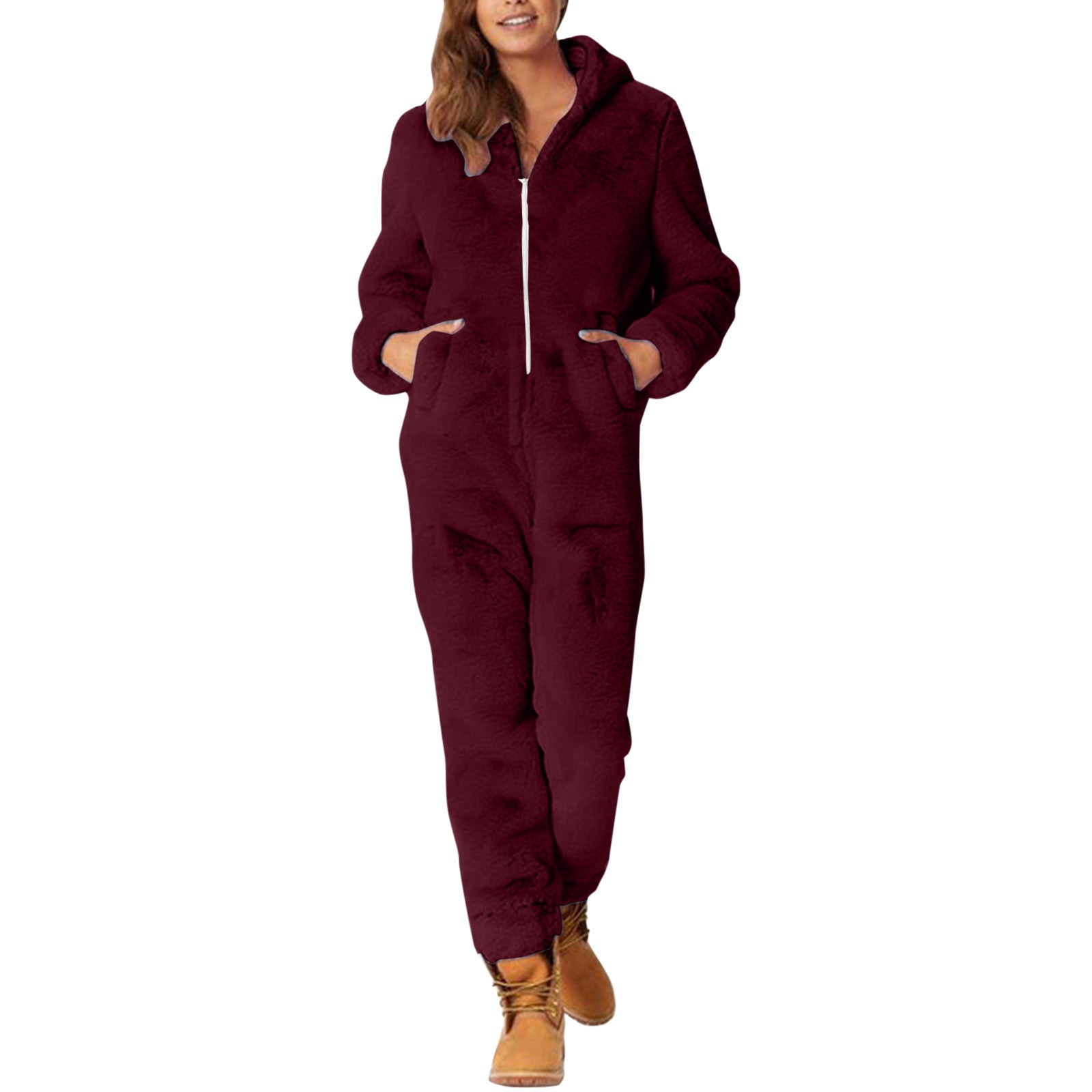 2022 Cross-border Europe and America Amazon Solid Color Thickened Double-sided Fleece Hooded Jumpsuit Casual Couple Home Wear