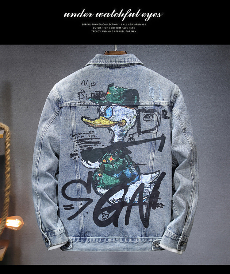 Autumn 2024 Men's Denim Jacket Coat Printed Casual Handsome Fashion Brand All-match Top Men's Jeans