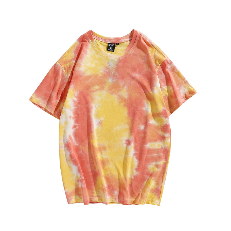 Cross-border Exclusive New Tie-dye T-shirt Men's Short-sleeved Summer Pure Cotton T-shirt Loose Ins Trendy Brand Colorful Top Clothes