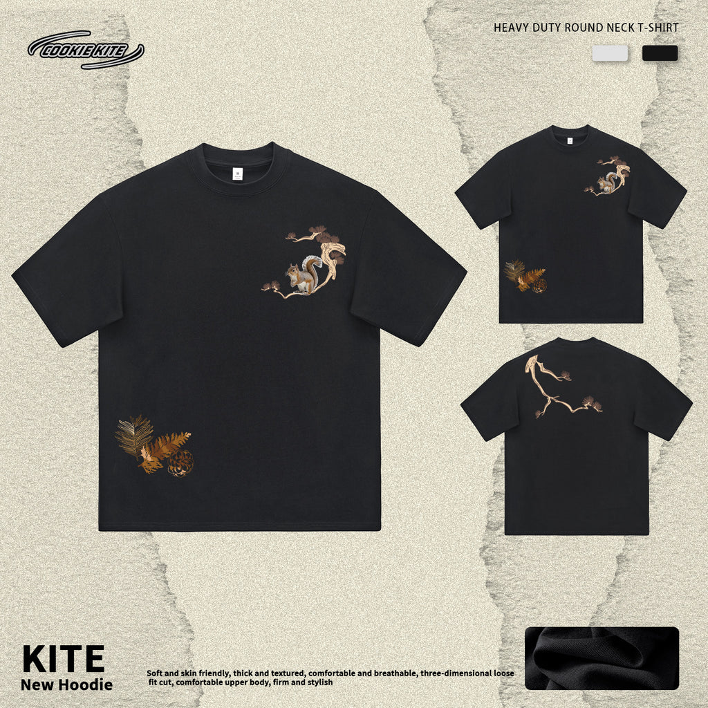 2026 New Heavyweight Pure Cotton Printed Round Neck Short-Sleeve T-Shirt with Squirrel Design, Loose Casual Style for Men and Women, Couple's Half-Sleeve Ins