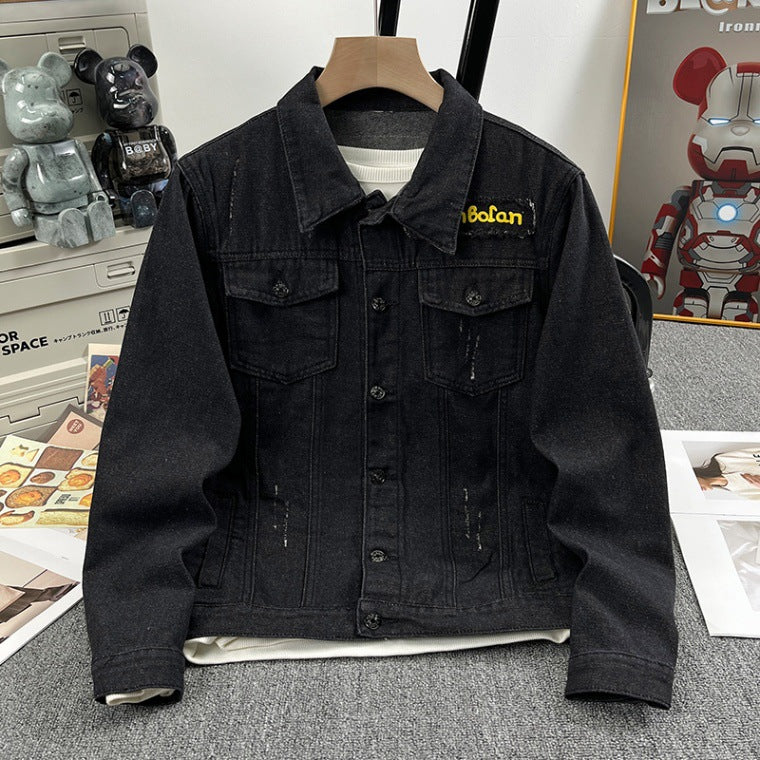 2025 Black Denim Jacket Men's Spring and Autumn Korean Style Trendy Retro Jacket Trendy Brand Letter Print Jacket