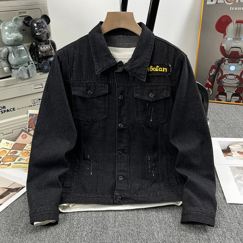 2025 Black Denim Jacket Men's Spring and Autumn Korean Style Trendy Retro Jacket Trendy Brand Letter Print Jacket
