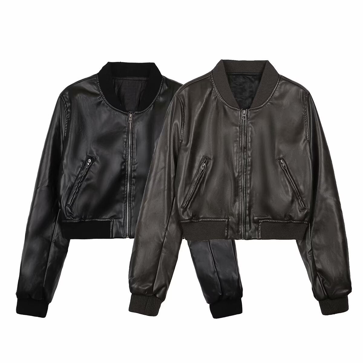 Spring European and American Urban Casual Stand Collar Pu Jacket Short Imitation Leather Motorcycle Clothing Niche Design Jacket for Women