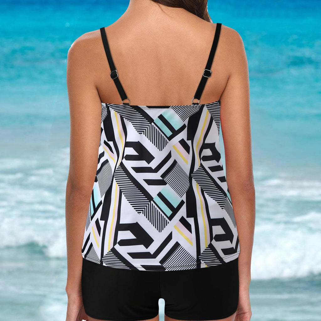 Cross-border 2024 European and American Foreign trade new double shoulder strap flat chest Amazon tankini high waist boxers split swimsuit