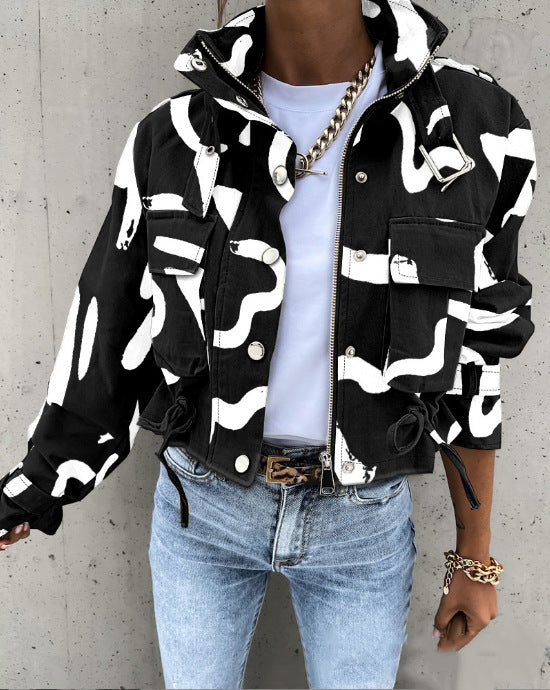 2026 Autumn and Winter Cross-Border Women's European and American New Style Amazon Aliexpress Printed Short Casual Long-Sleeved Jacket Top