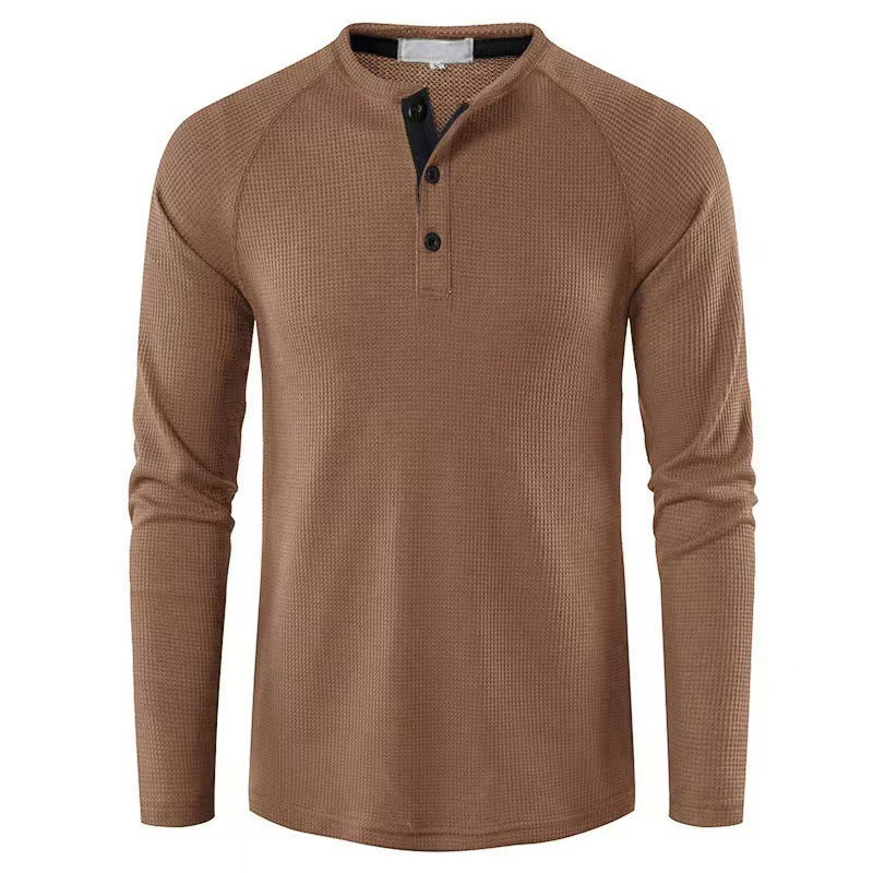 2023 Autumn and Winter Cross-border Amazon Men's T-shirt European and American Foreign Trade Men's Solid Color Long Sleeve Waffles Henry Shirt