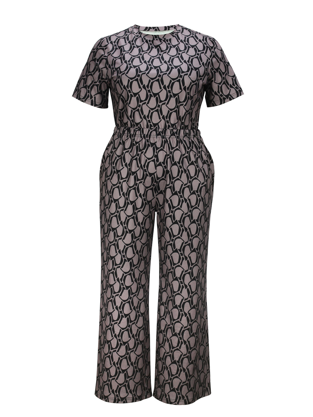 Cross-Border Amazon European and American Women's Fashion Elegant Printed Short-Sleeved Straight-Leg Pants Plus-Size Casual Suit Summer