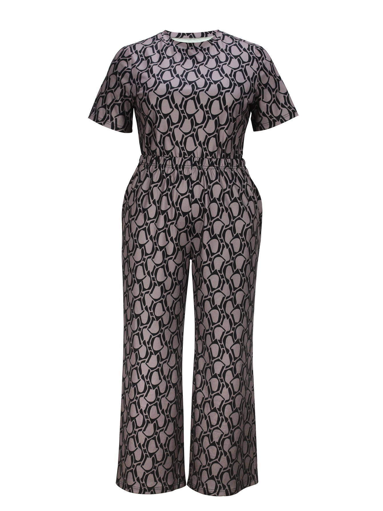 Cross-Border Amazon European and American Women's Fashion Elegant Printed Short-Sleeved Straight-Leg Pants Plus-Size Casual Suit Summer