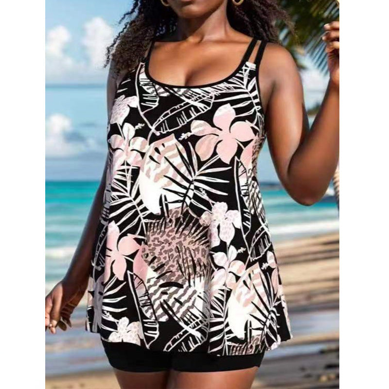European and American Hot Sale plus size Split Swimsuit Women's Cross-border Camisole Flat-angle Swimsuit Tankini Loose Printed Swimsuit
