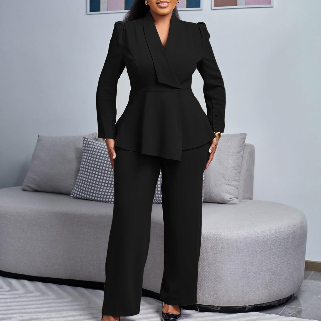 D549 European and American Clothing Winter New Fashion Elegant Elegant Ol Ruffle Top Wide Leg Pants Fashionable African Suit