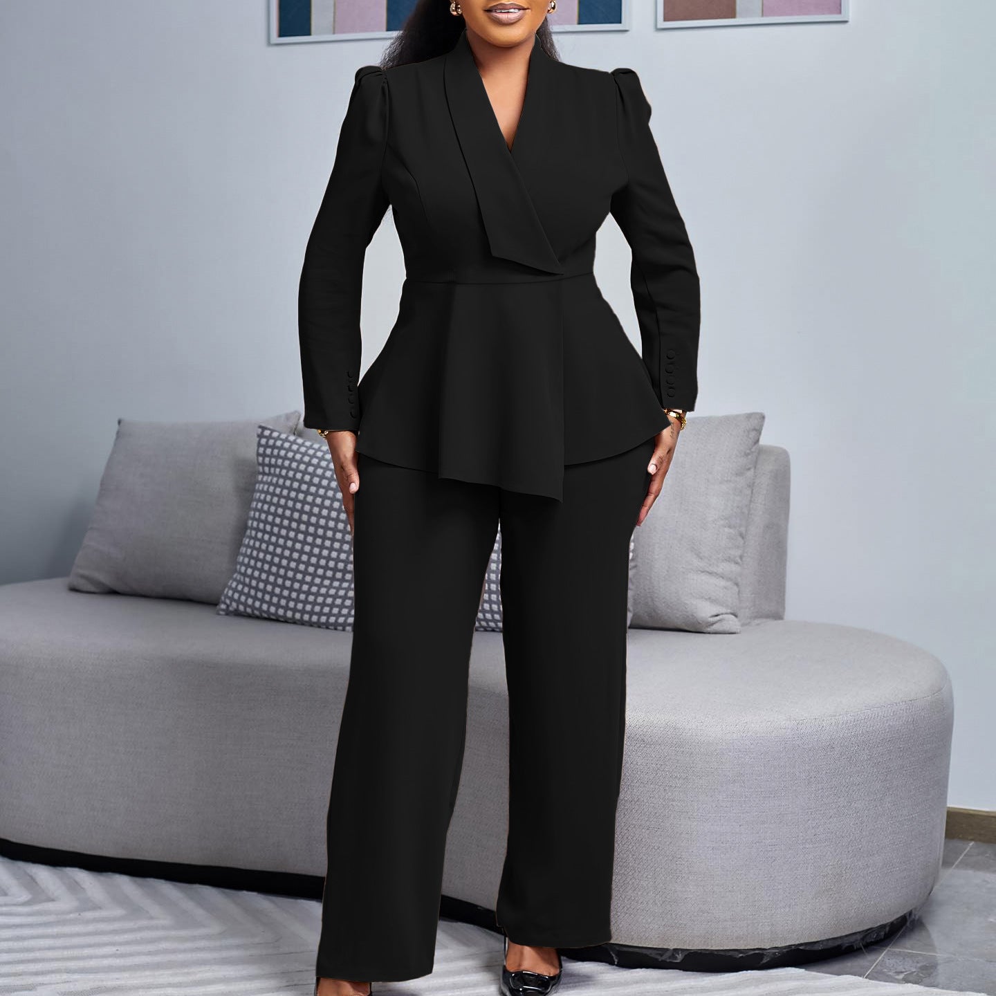 D549 European and American Clothing Winter New Fashion Elegant Elegant Ol Ruffle Top Wide Leg Pants Fashionable African Suit